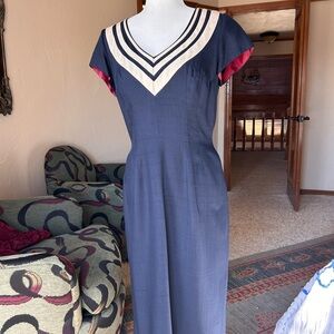 Mr. Blackwell Navy and Cream Vintage 1950s Midi Dress Medium Size